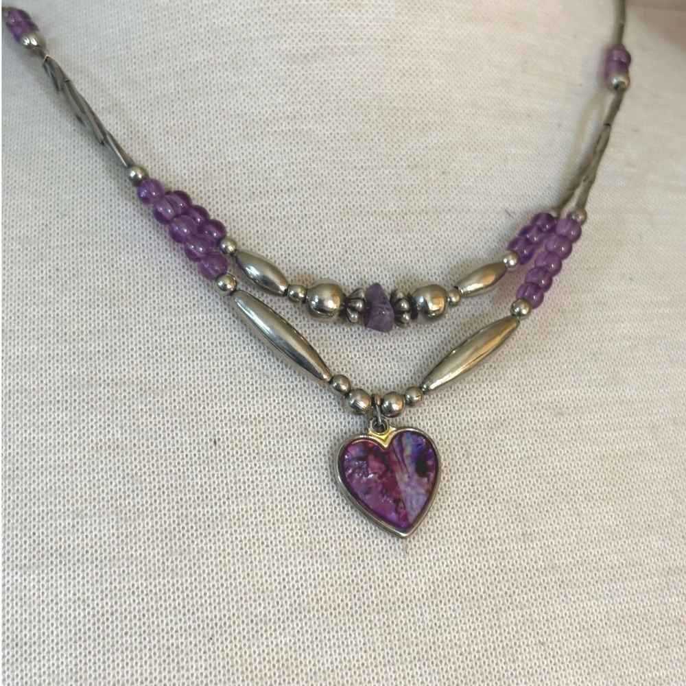 Vintage Liquid Silver Tone Double Strand Heart Pendant Necklace Purple Beads
